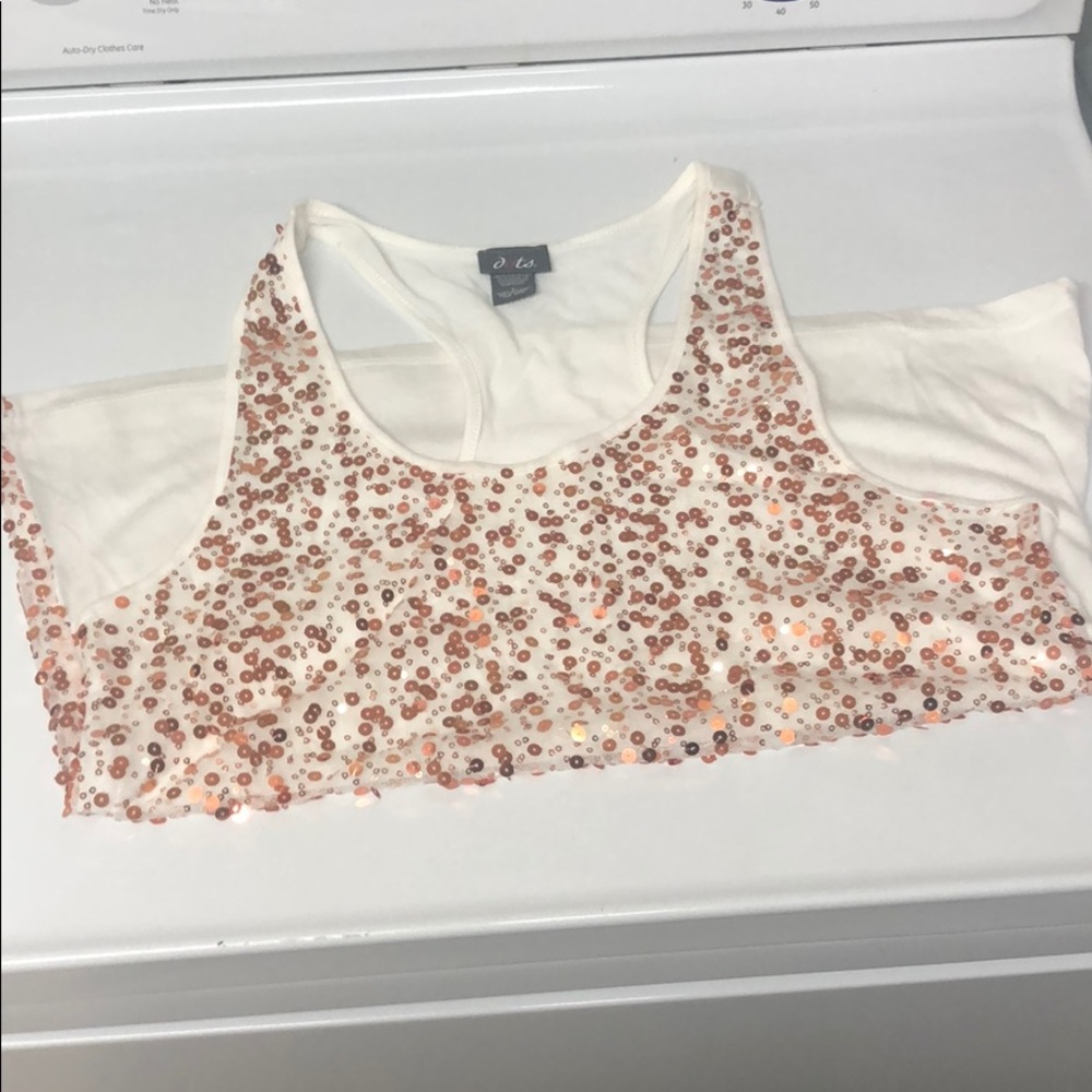 White and rose gold sequin razorback tank